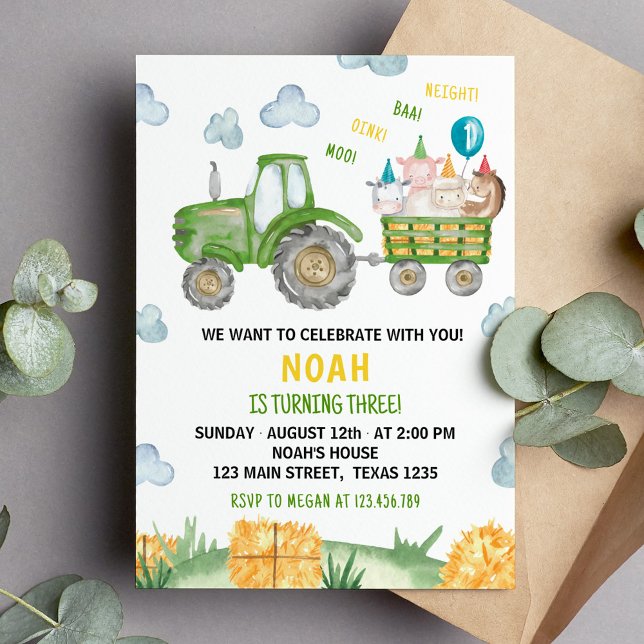 Green Tractor Farm Animal 3rd Birthday Invitation (Creator Uploaded)