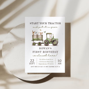 Green tractor & farm animals birthday party  invitation