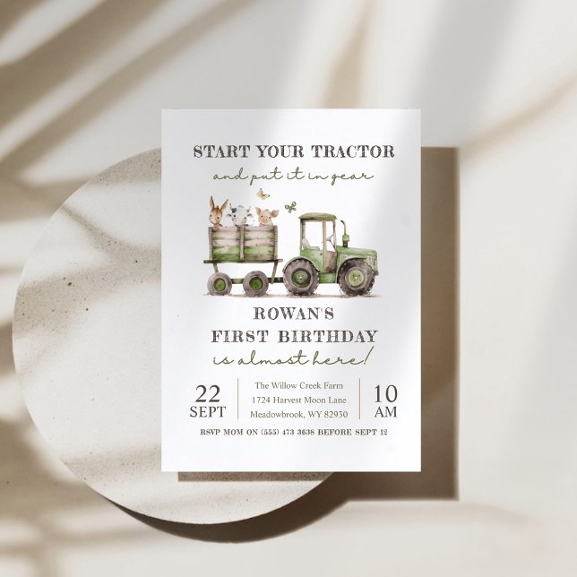 Green tractor & farm animals birthday party  invitation (Green tractor & farm animals birthday party invitation)
