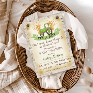 Green Tractor Farm Baby Boy Shower Invitation