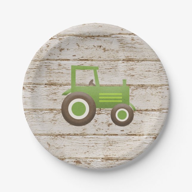 Green Tractor Farm Baby Shower Paper Plate (Front)