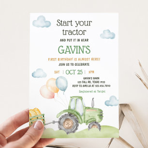 Green Tractor Farm Birthday Party Invitation