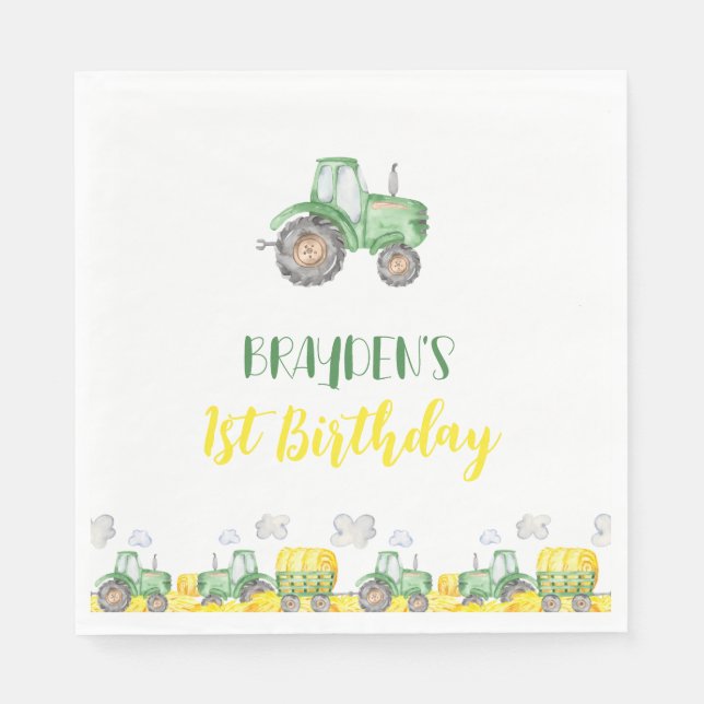Green Tractor Farm Birthday Party Napkins (Front)