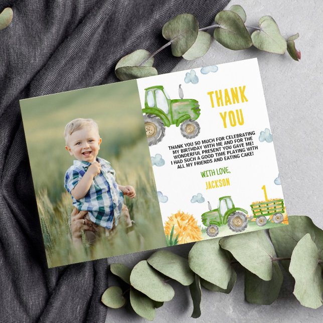 Green Tractor Farm Birthday Photo Thank You Card (Creator Uploaded)