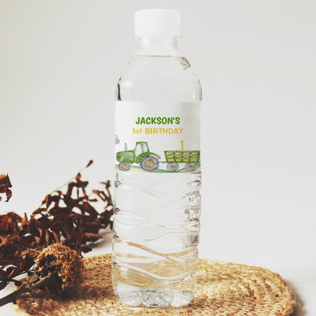 Green Tractor Farm Birthday Water Bottle Label (Creator Uploaded)