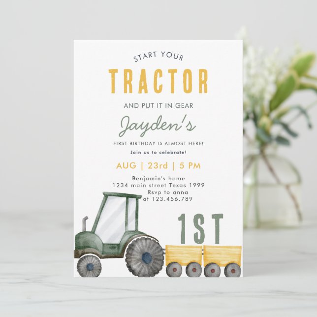 Green Tractor Farm Boy 1st Birthday invitation (Standing Front)