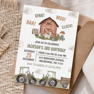 Green Tractor Farm Boy 3rd Birthday Party Invitation