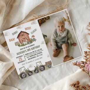 Green Tractor Farm Boy 3rd Birthday Party Photo Invitation