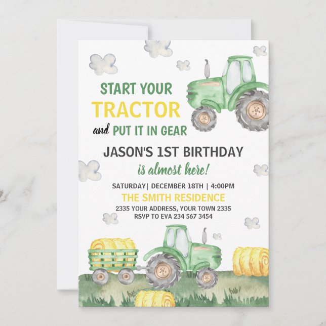 Green Tractor Farm Boy Birthday Party Invitation (Front)