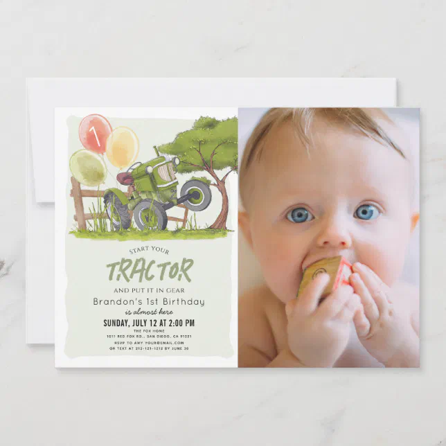 Green Tractor Farm Boy Photo 1st Birthday Invitation | Zazzle
