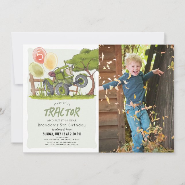 Green Tractor Farm Boy Photo Birthday Invitation (Front)