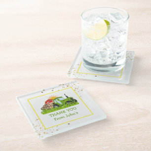 Green Tractor   Farm Theme Birthday Party Decor Glass Coaster