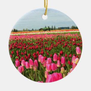 Green Tractor in Tulip Field, Oregon Ceramic Tree Decoration