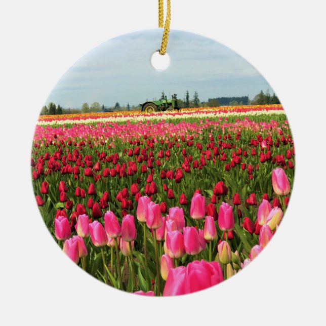 Green Tractor in Tulip Field, Oregon Ceramic Tree Decoration (Front)