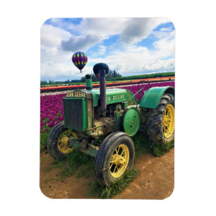 Green Tractor in Tulip Field, Oregon Magnet