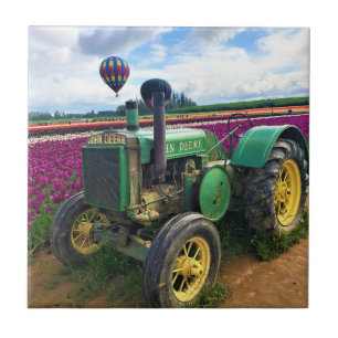 Green Tractor in Tulip Field, Oregon Tile