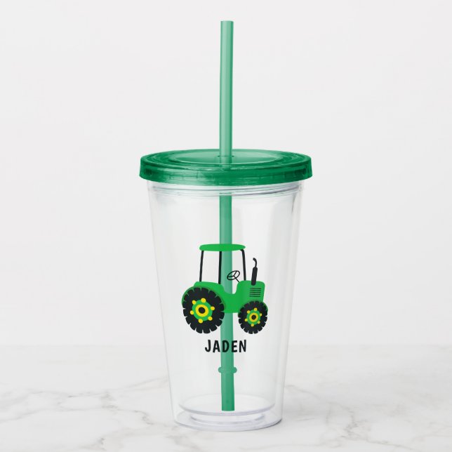 Green Tractor Kids Personalised Farm Barnyard Acrylic Tumbler (Front)