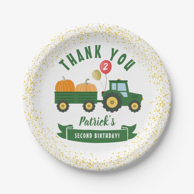 Green Tractor Pumpkin Fall Birthday Thank You Paper Plate (Front)