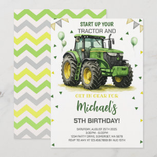 Green Tractor Theme Birthday Party Invitation