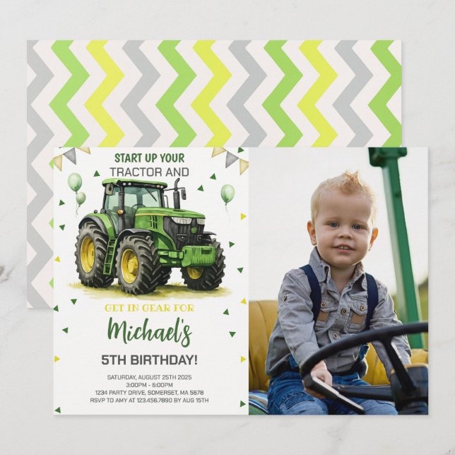 Green Tractor Theme Birthday Party Photo Invitation (Front/Back)