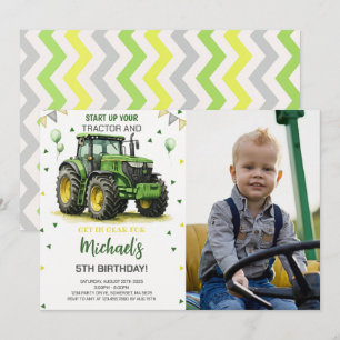 Green Tractor Theme Birthday Party Photo Invitation