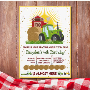 Green Tractor 🚜 Trucks Themed Birthday Party Invitation
