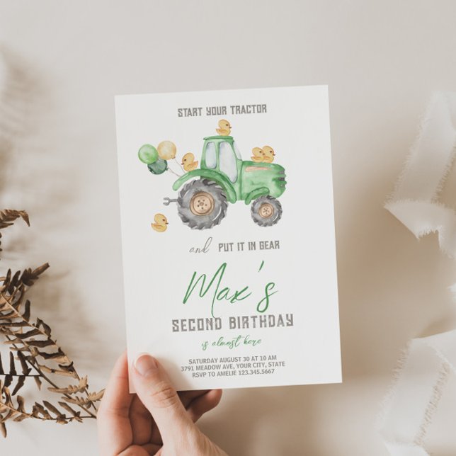 Green Tractor w/Duckling Theme Birthday Invitation (Creator Uploaded)