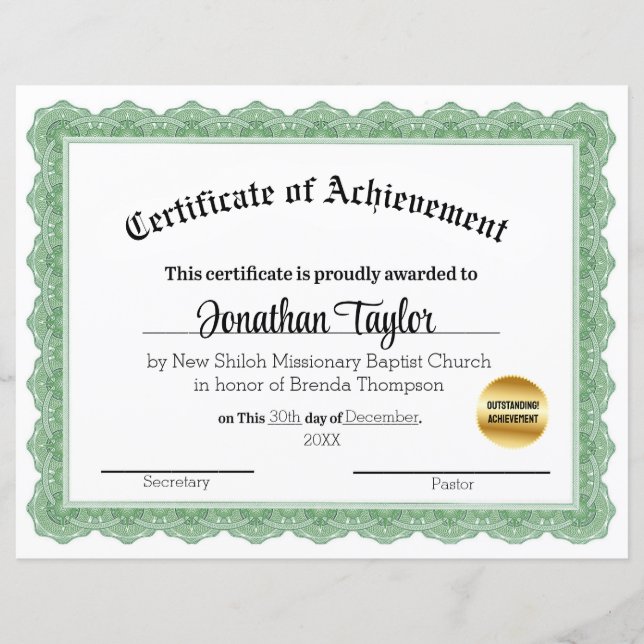 Green Traditional Certificate of Scholarship  (Front)