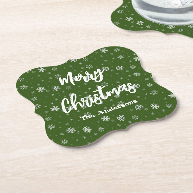 Green Traditional Modern Elegant Merry Christmas Paper Coaster (Angled)