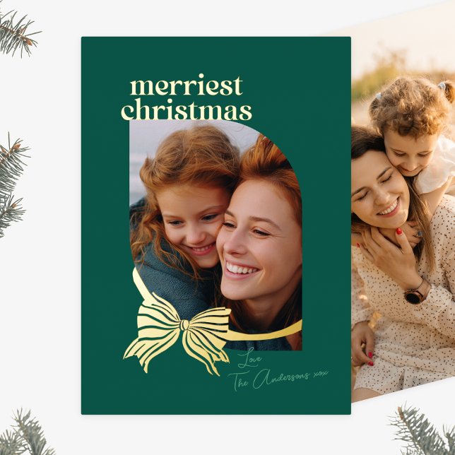 Green Traditional Tied With Gold Bow Photo Foil Holiday Card (Creator Uploaded)