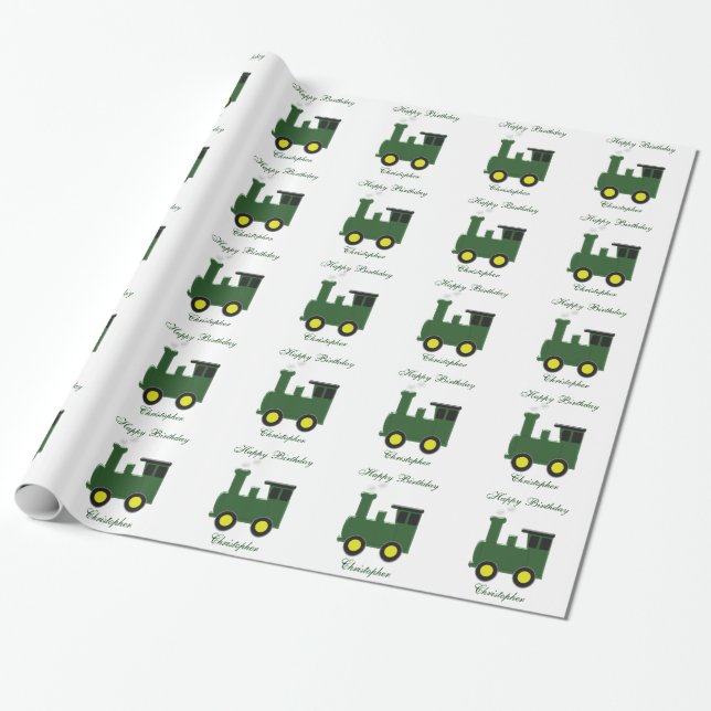 Green Train Birthday Wrapping Paper (Unrolled)