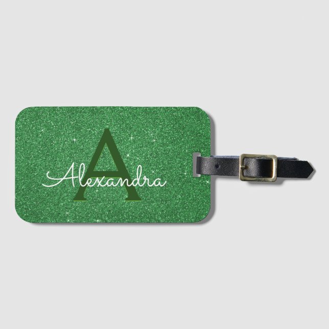 Green Travel Sparkle Glitter Monogram Name Luggage Tag (Front Horizontal)