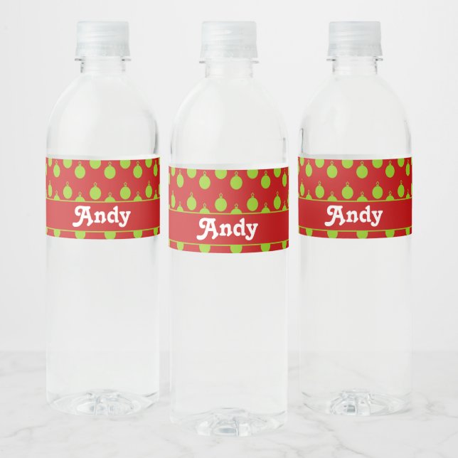 Green tree bauble silhouette on red water bottle label (Bottles)