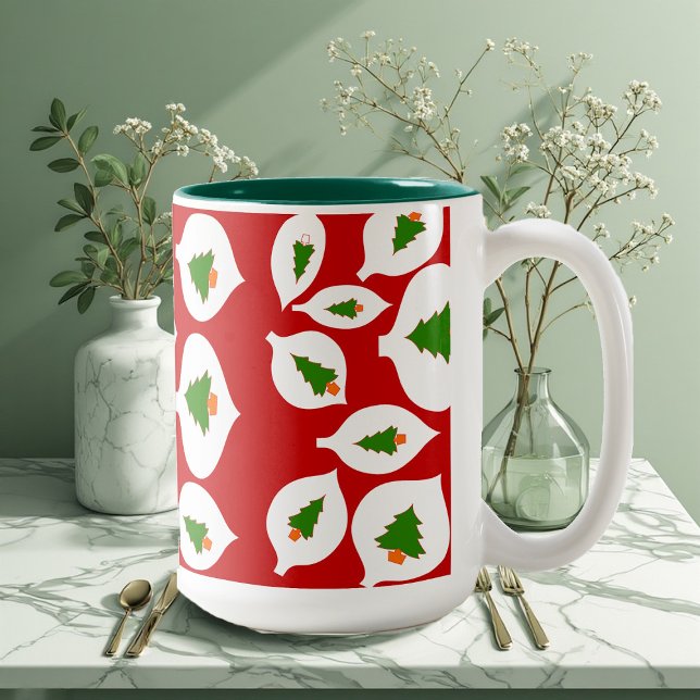 Green Tree Christmas Ornament Red Mug (Greenery Christmas Tree Ornament Red Decorative Two-Tone Coffee Mug)