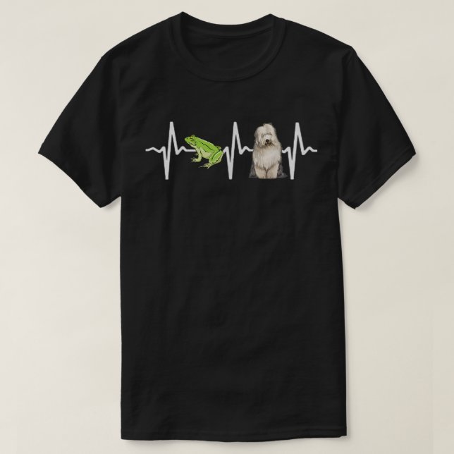 Green Tree Frog Old English Sheepdog Heartbeat Dog T-Shirt (Design Front)