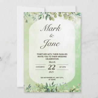Green Tree Leaf Watercolor Wedding Invitation
