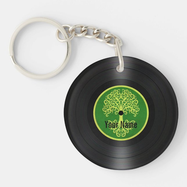 Green Tree of Life Personalised Vinyl Record Key Ring (Front)