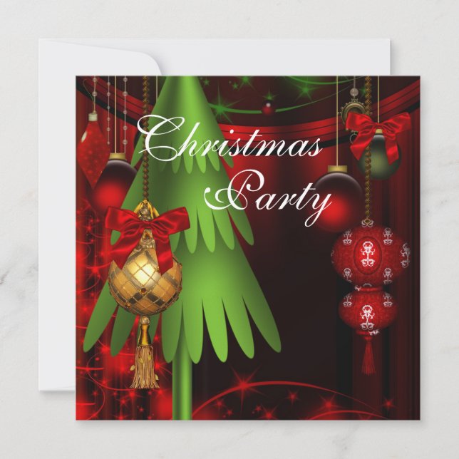 Green Tree Ornaments Red Christmas Party Invitation (Front)