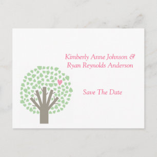 Green Tree Pink Hearts Save The Date Announcement Postcard