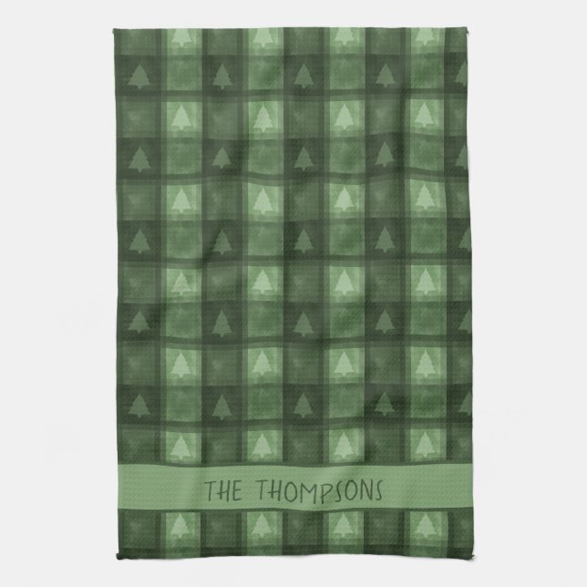Green Tree Plaid With Custom Family Name Christmas Tea Towel (Vertical)