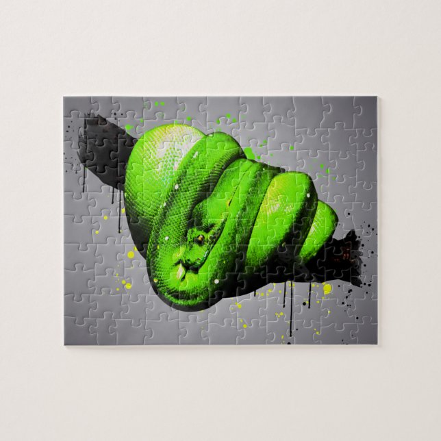 Green Tree Python Watercolor Reptile Jigsaw Puzzle (Horizontal)
