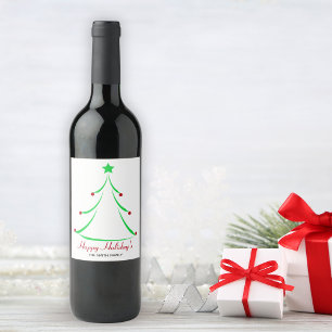 Green Tree Red Baubles Happy Holidays Christmas Wine Label