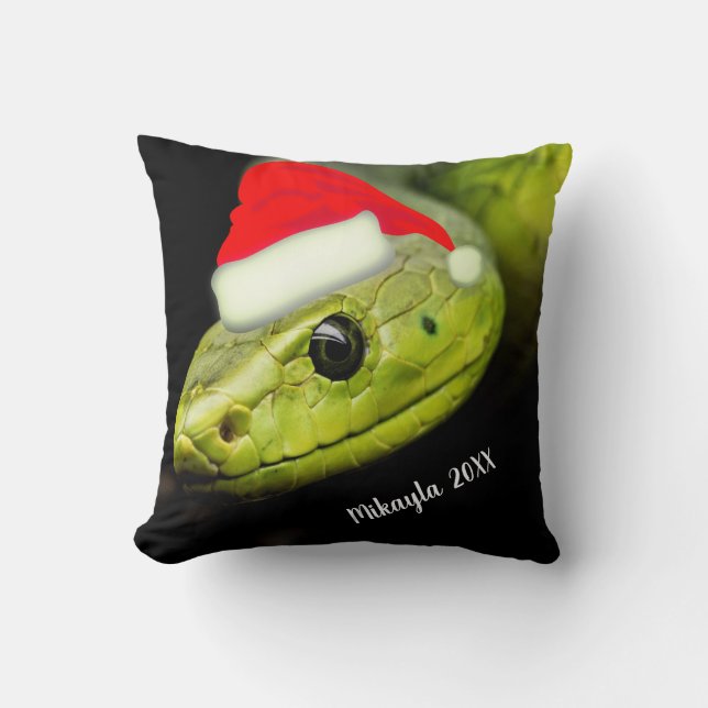 Green Tree Snake in Santa Hat  Cushion (Front)