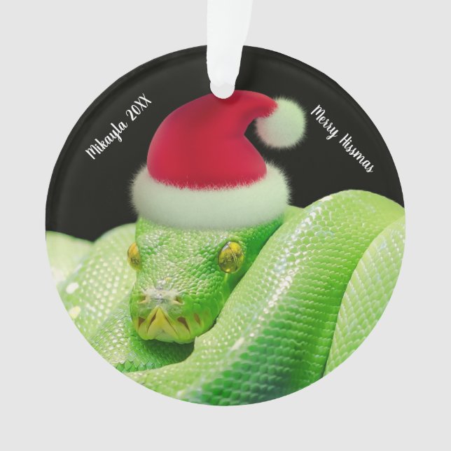 Green Tree Snake in Santa Hat Merry Hissmas Ornament (Front)