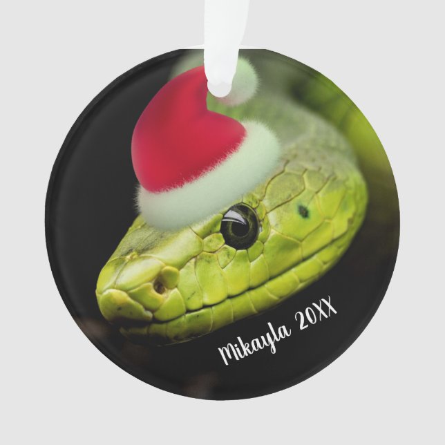 Green Tree Snake in Santa Hat Ornament (Front)