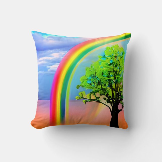 Green Tree Under a Rainbow  Cushion (Front)