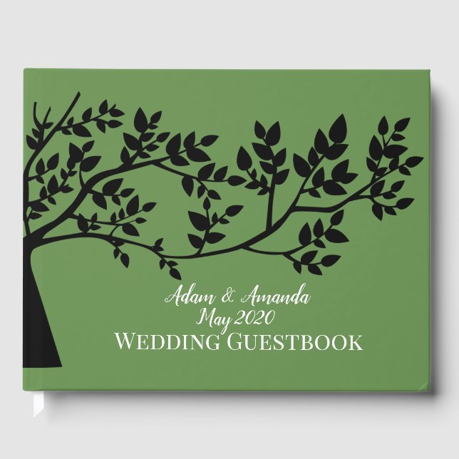 Green tree woodland art wedding guest book (Front)
