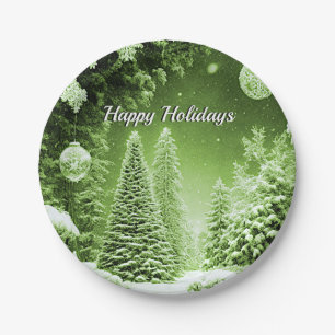 Green Trees Christmas Balls Holiday Paper Plate