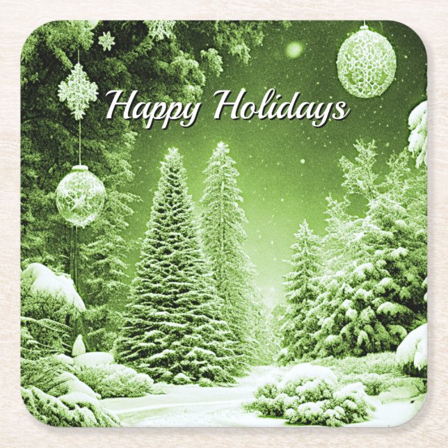 Green Trees Christmas Balls Holiday Square Paper Coaster (Front)