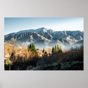 GREEN TREES NEAR SNOW COVERED MOUNTAIN DURING DAYT POSTER